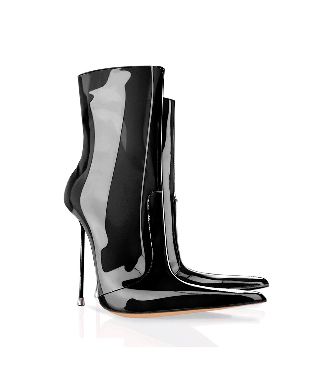 Corçai 125 Black Patent · Charlotte Luxury Boots · Luxury High Heel Pointy Boots · Di Marni · Custom made · Made to measure · Luxury Pointy High Heel Boots · Stiletto Boots