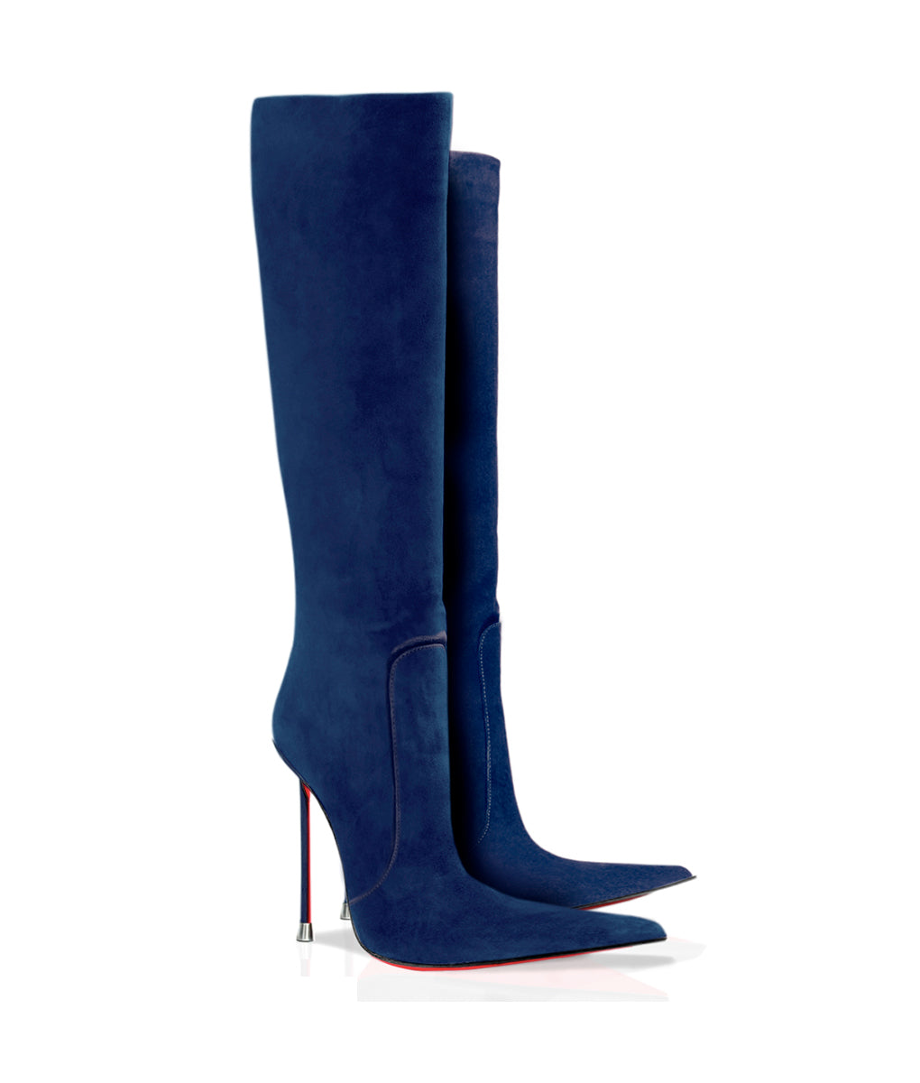 Corçao 125 Navy Blue Suede · Charlotte Luxury Boots · Luxury High Heel Pointy Boots · Di Marni - Vicenzo Rossi · Custom made · Made to measure · Luxury Pointy High Heel Boots · Stiletto Boots