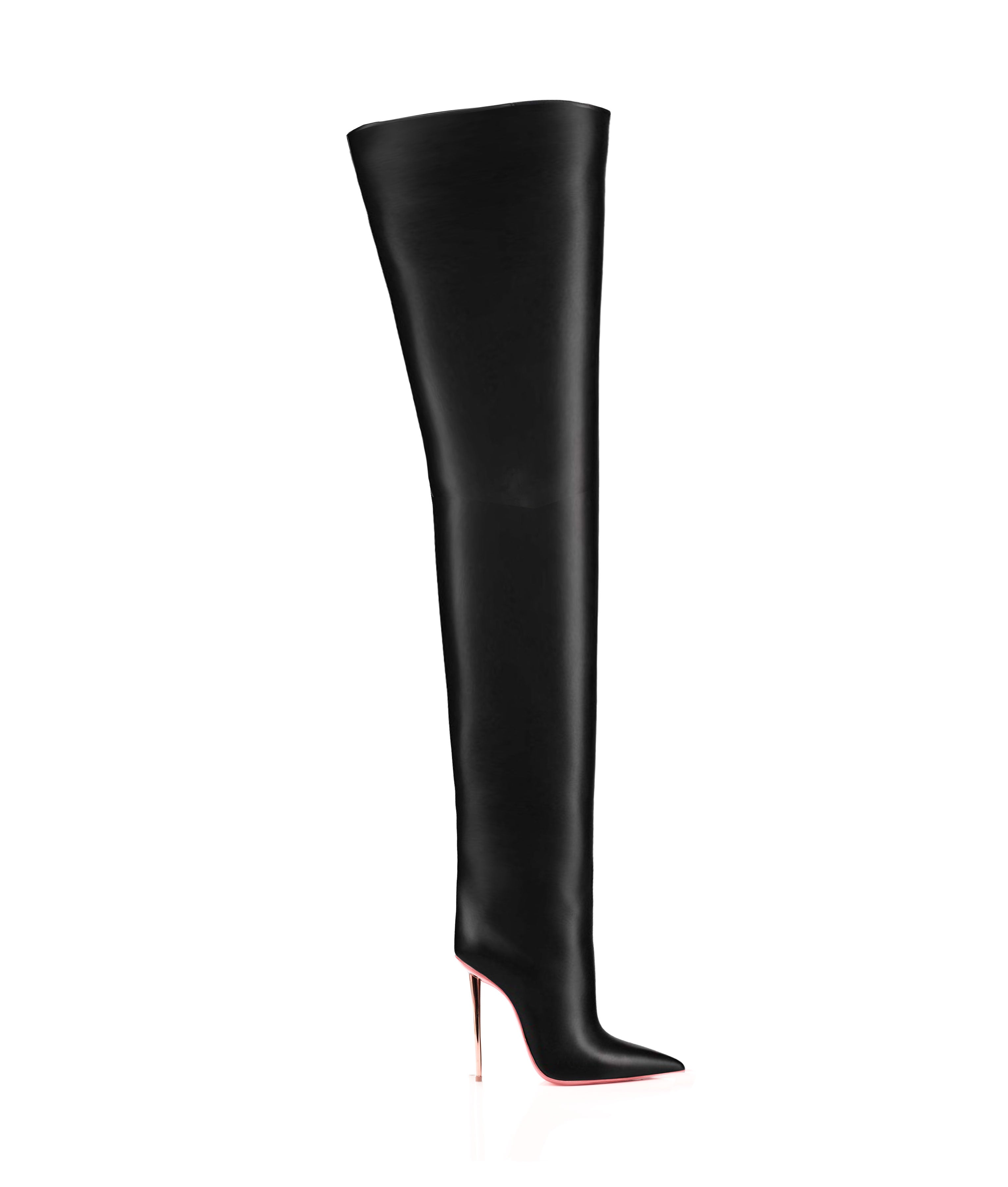 Discover the Altair Noir 120 Black, genuine leather high heel boots with a distinctive central seam and a 120mm rose gold finished stiletto heel. Handcrafted in Spain for a flawless fit and luxurious style. Customizable for a perfect fit, these boots are ideal for making a statement at any special occasion or power meeting.