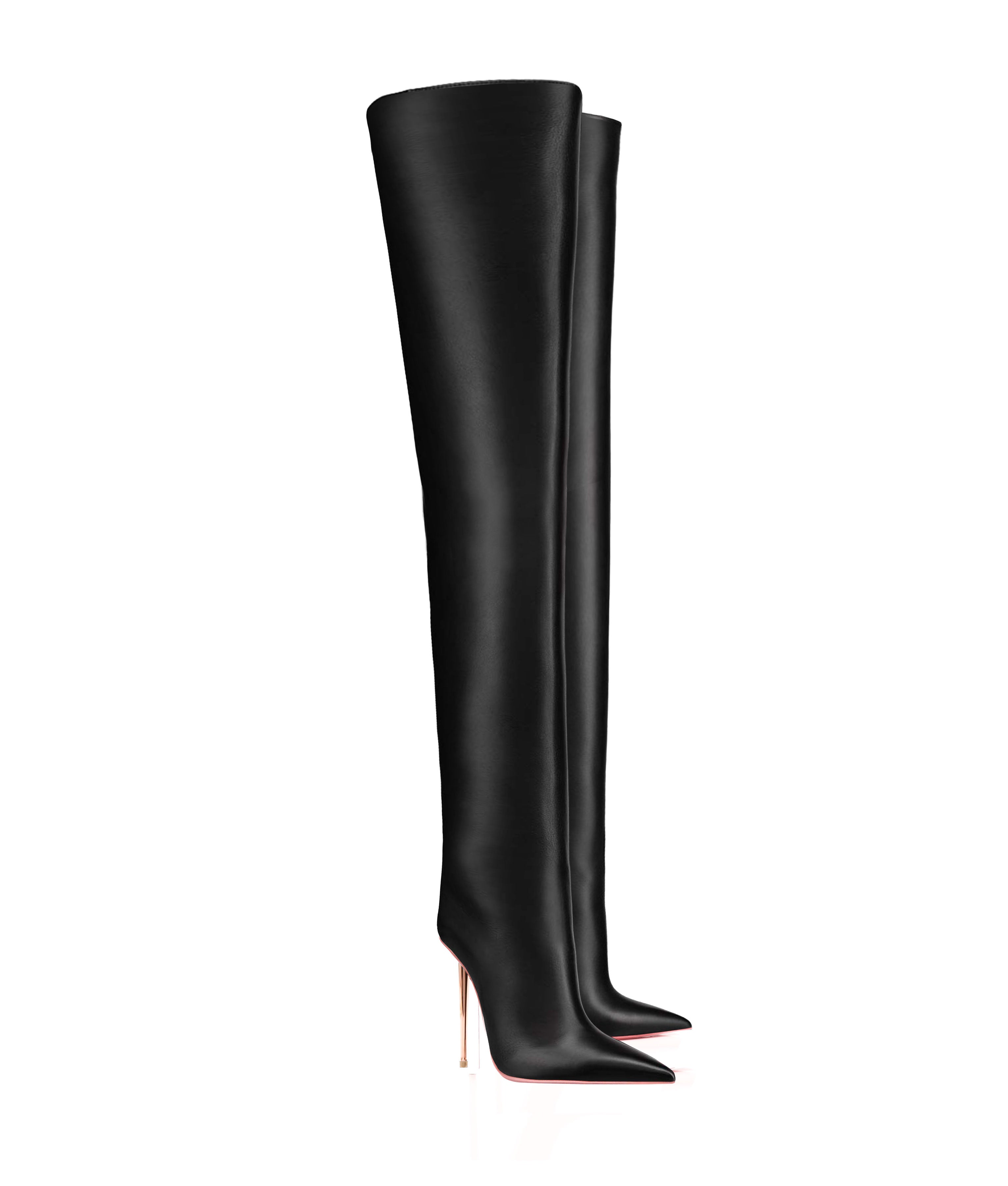 Discover the Altair Noir 120 Black, genuine leather high heel boots with a distinctive central seam and a 120mm rose gold finished stiletto heel. Handcrafted in Spain for a flawless fit and luxurious style. Customizable for a perfect fit, these boots are ideal for making a statement at any special occasion or power meeting.