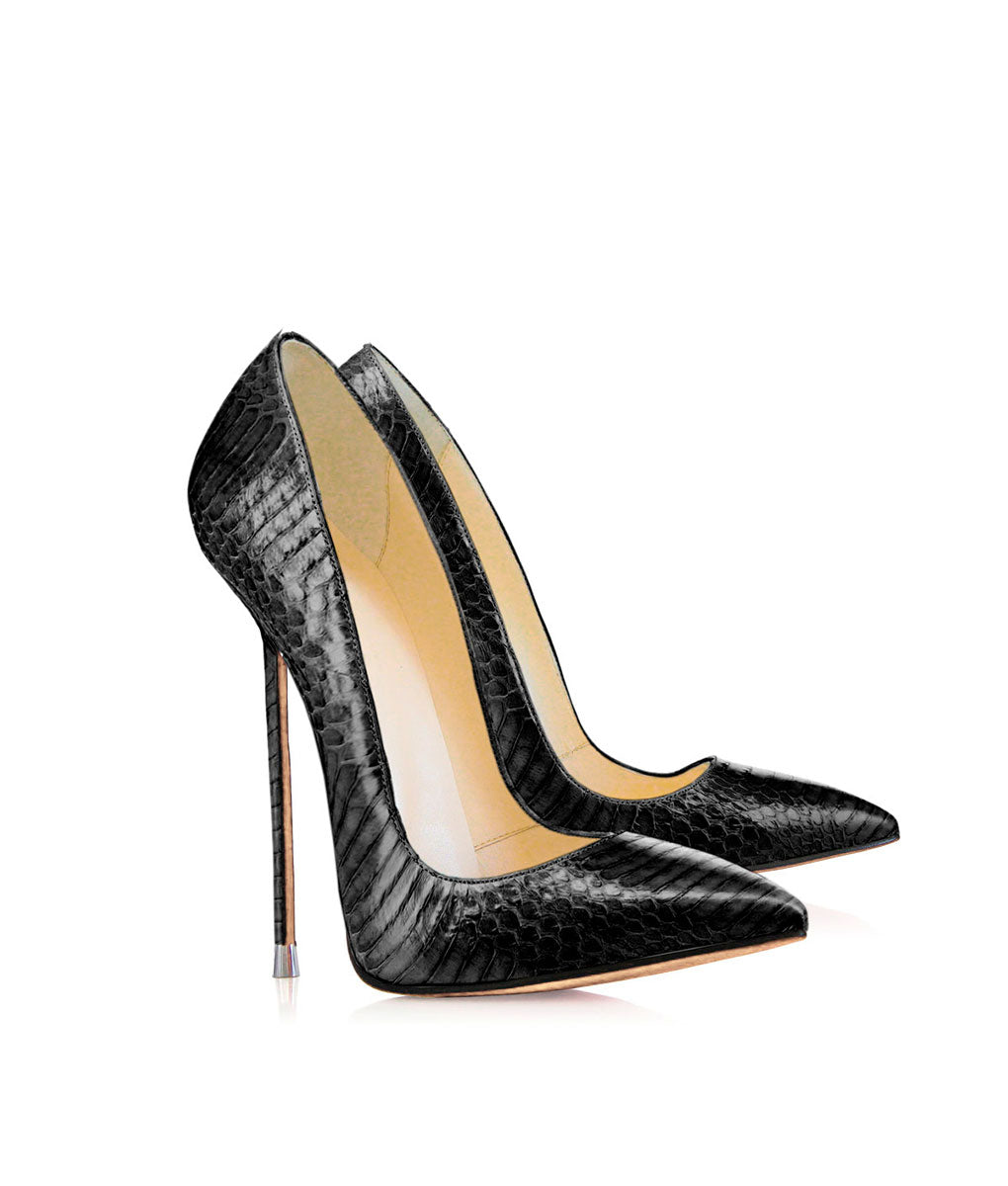 Akhira Black Python  · Charlotte Luxury Shoes · Luxury High Heel Pumps · Di Marni - Vicenzo Rossi · Custom made · Made to measure · Black Luxury Pumps High Heel Shoes · Stiletto Shoes