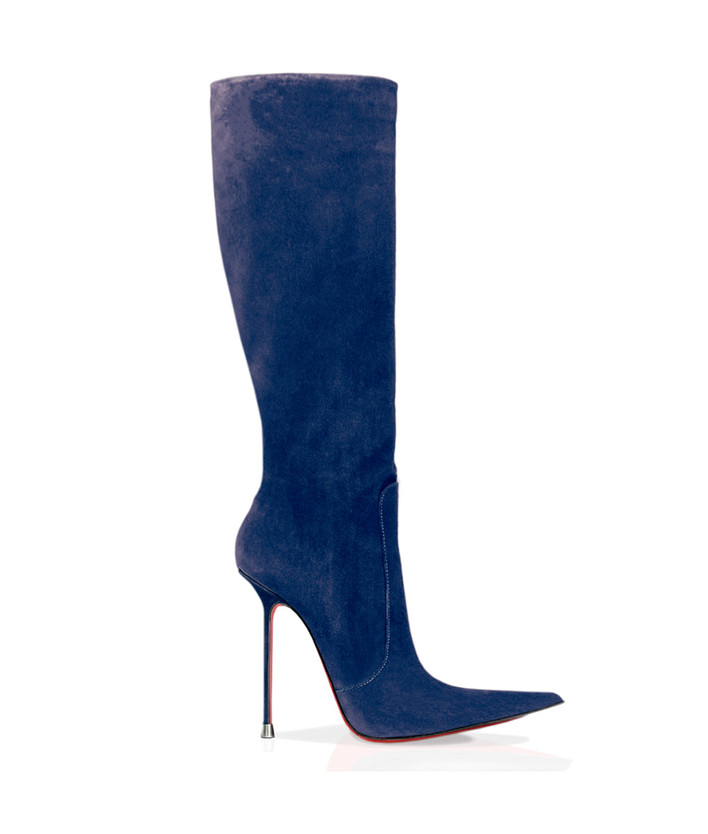 Corçao Navy Blue Suede · Charlotte Luxury Boots · Luxury High Heel Pointy Boots · Di Marni - Vicenzo Rossi · Custom made · Made to measure · Luxury Pointy High Heel Boots · Stiletto Boots