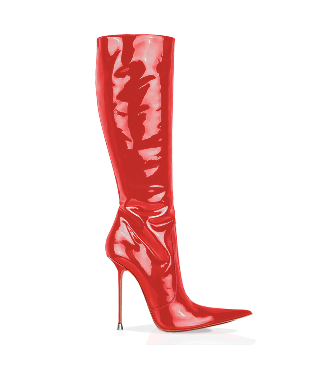 Corçao Red Patent · Charlotte Luxury Boots · Luxury High Heel Pointy Boots ·  Di Marni - Vicenzo Rossi · Custom made · Made to measure · Luxury Pointy High Heel Boots · Stiletto Boots
