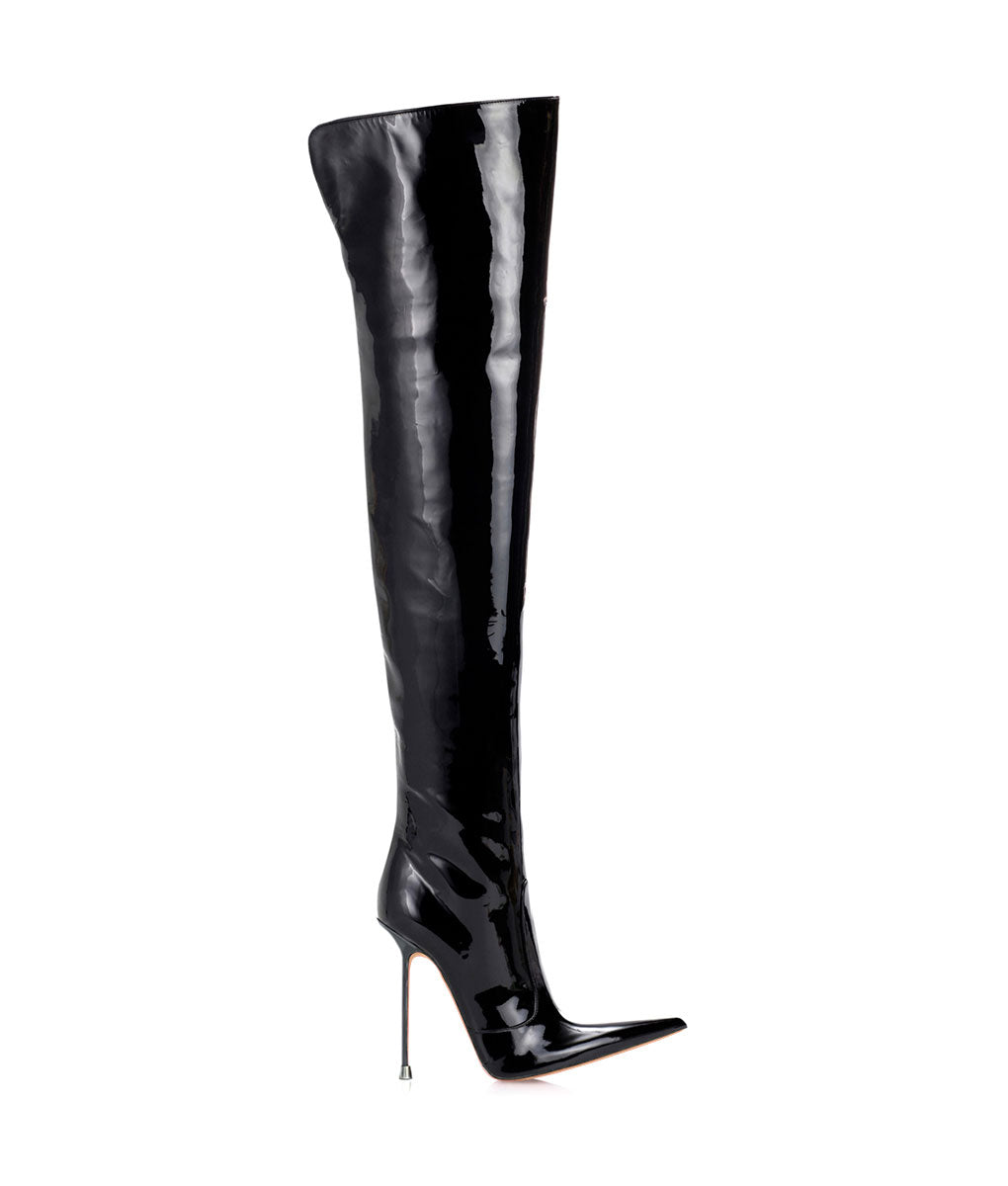 Troann Black Patent ·  Charlotte Luxury Boots · Luxury High Heel Pointy Boots · Di Marni - Vicenzo Rossi · Custom made · Made to measure · Luxury Over Knee High Heel Boots · Boots