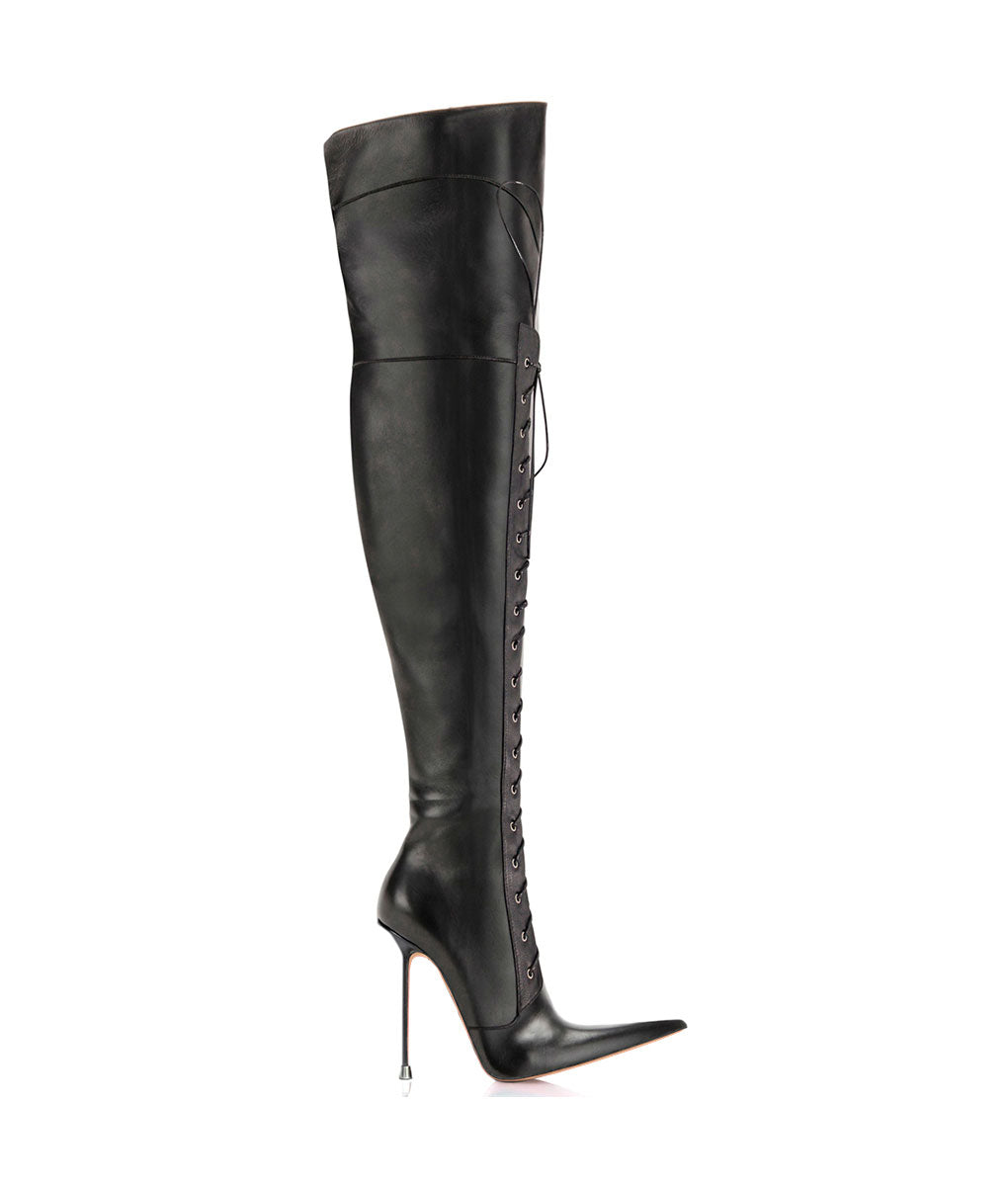 Tumic Black · Charlotte Luxury Boots · Luxury High Heel Laced Pointy Boots · Di Marni - Vicenzo Rossi · Custom made · Made to measure · Luxury Over Knee High Heel Boots · Boots