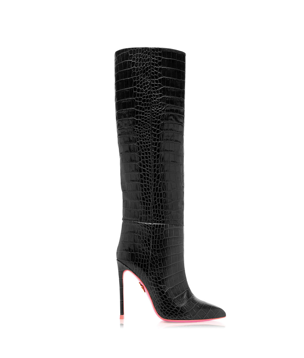 Dubhe Black Crocodile  · Charlotte Luxury High Heels Boots · Ada de Angela Shoes · High Heels Boots · Luxury Boots · Knee High Boots · Stiletto · Leather Boots